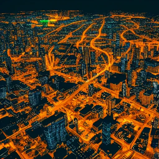 Image similar to an aerial view of a city at night, instagram contest winner, maximalism, glowing lights, vivid colors, circuitry