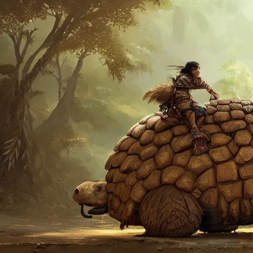 Image similar to yanomami riding a glyptodon, greg rutkowski, fantasy, intricate, elegant, highly detailed, digital painting, artstation, concept art, long shot, cinematic lighting