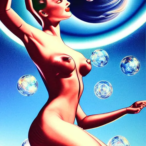 Prompt: traditional 1 9 5 0's woman pointing towards a futuristic space woman, blue sky art by peter lloyd, 1 9 8 0's art, airbrush style, art by hajime sorayama,, intricate, elegant, sharp focus, illustration, highly detailed, concept art, matte, sharp focus, illustration, highly detailed, 6 4 0