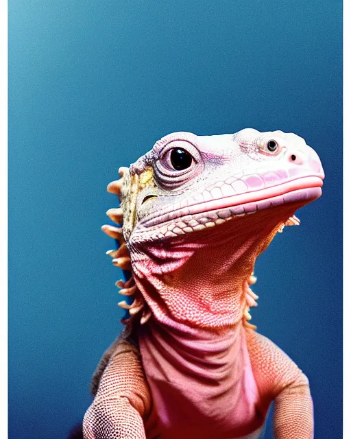 Image similar to natural light, soft focus portrait of a cyberpunk anthropomorphic iguana with soft synthetic pink skin, blue bioluminescent plastics, smooth shiny metal, elaborate ornate head piece, piercings, skin textures, by annie leibovitz, paul lehr