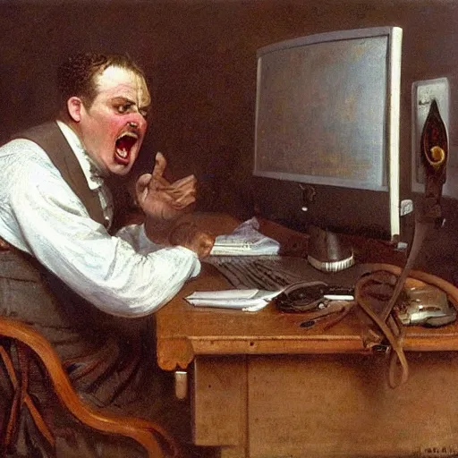 Image similar to an angry man yells at his computer monitor, oil on canvas, 1 8 8 3, highly detailed