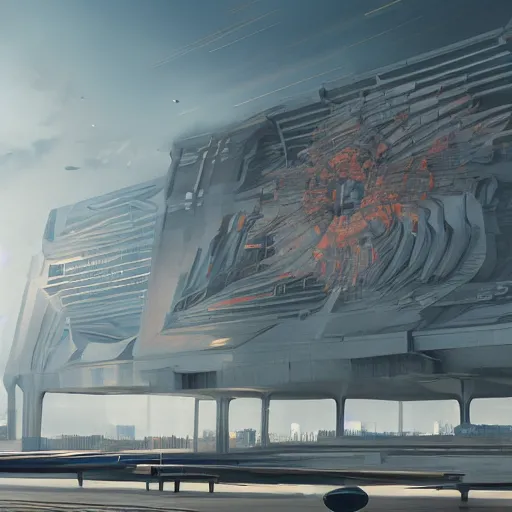 Image similar to sci-fi brutalism airport wall structure motherboard on the coronation of napoleon painting and digital billboard in the middle, unreal engine 5, keyshot, octane, artstation trending, ultra high detail, ultra realistic, cinematic, 8k, 16k, in style of zaha hadid, in style of Lee SOUDER, colors in style of the Blade Runner 2049, in plastic, dark, tilt shift,