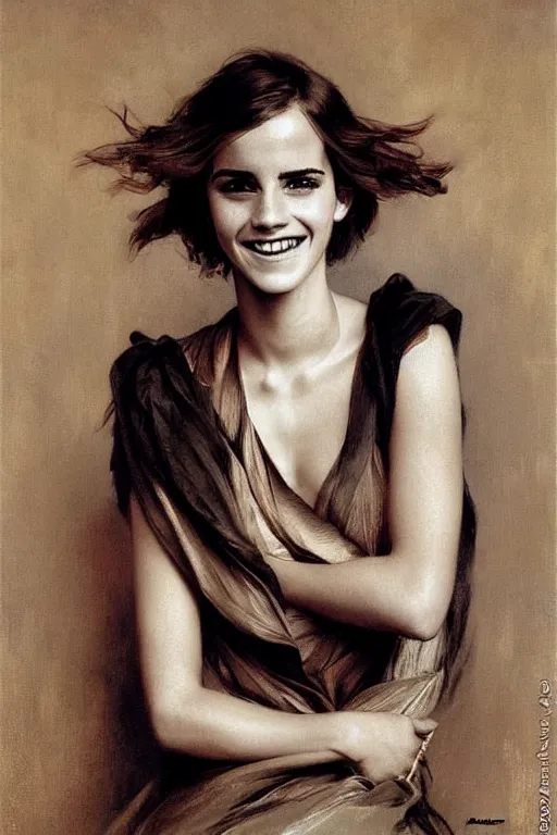 Image similar to emma watson smiling laughing gathered faille v - neck smiling detailed portrait painting by gaston bussiere craig mullins j. c. leyendecker photograph by richard avedon peter lindbergh