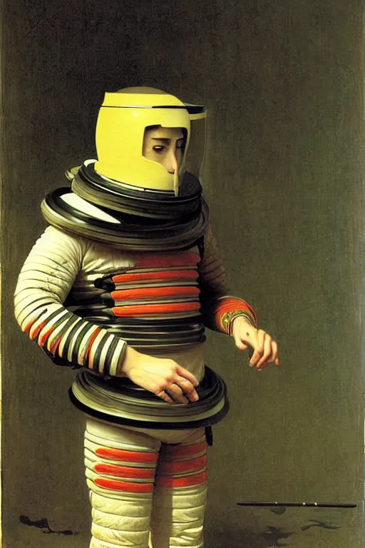 Image similar to portrait of a astronaut in samurai helmets, by bouguereau