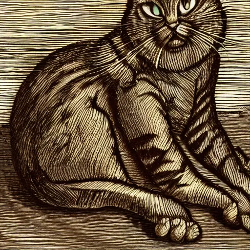 Prompt: Garfield the cat falling from heaving after his banishment, dramatic lighting, golden hour, woodcut style, by Gustav Dore, by Albrecht Durer, trending on artstation