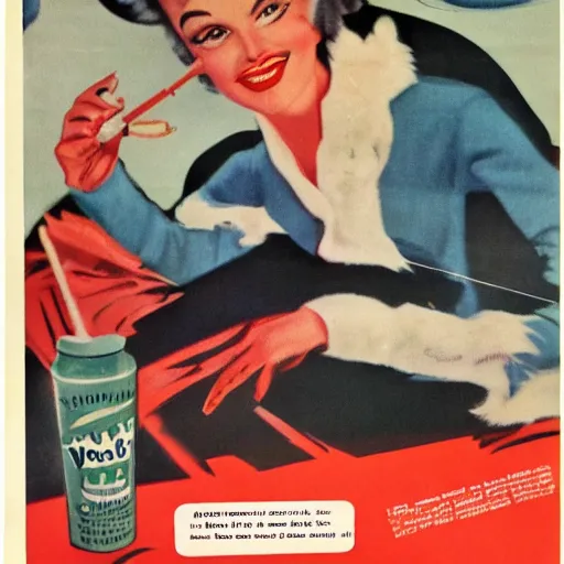 Prompt: 1950s advertisement featuring an anthropomorphic wolf