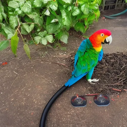 Image similar to a parrot drinking a beer from a garden hose,