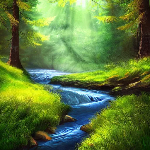 Image similar to Small creek, in the forest, mountains, crepuscular rays, green lush, foliage, flowers, digital art, illustration, high quality