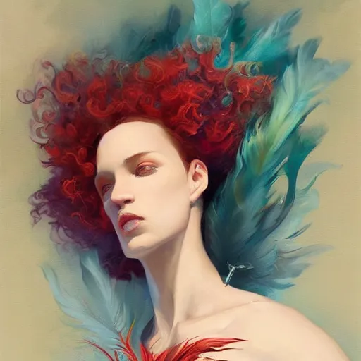 Prompt: a painting of a woman who made of curly red edges silk is holding a sword, a digital painting by peter mohrbacher, trending on artstation, metaphysical painting, speedpainting, made of feathers, digital painting, holographic undertones, highly saturated colors, 4 k, digital art, concept art, trending on artstation