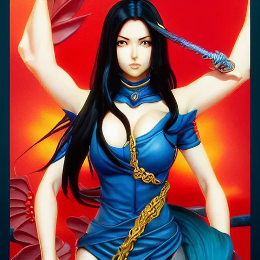 Image similar to highly detailed vfx portrait of nico robin by eiichiro oda!, yusuke murata, magali villeneuve, greg rutkowski, makoto shinkai, tom bagshaw, alphonse mucha, sharp focus, art by artgerm and stanley kubrick, backlit, johannes vermeer, fiona staples, harsh overhead sunlight,