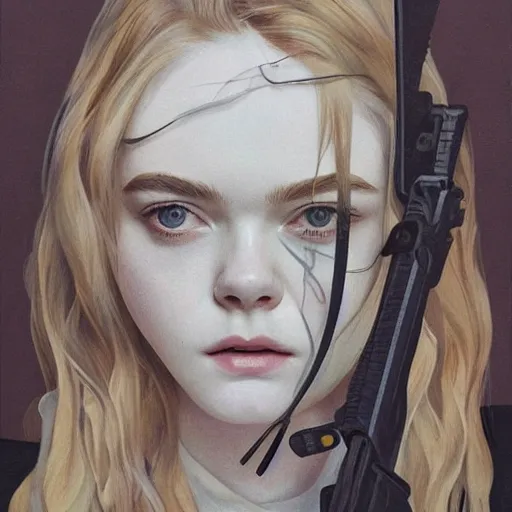 Prompt: Elle Fanning in the Danish Special Forces picture by Sachin Teng, asymmetrical, dark vibes, Realistic Painting , Organic painting, Matte Painting, geometric shapes, hard edges, graffiti, street art:2 by Sachin Teng:4