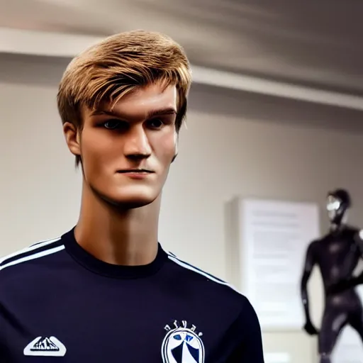 Image similar to a realistic detailed photo of a guy who is an attractive humanoid who is half robot and half humanoid, who is a male android, soccer player martin ødegaard, shiny skin, posing like a statue, blank stare, at the museum, on display