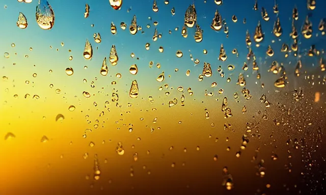 Image similar to beautiful picture of big upside-down raindrops floating quietly in a sunny blue sky, hot and sunny, highly-detailed, elegant, golden hour, dramatic lighting, artstation, 4k, cinematic landscape, photograph by National Geographic