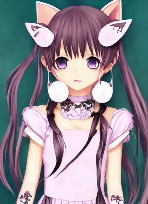 Image similar to nekopara fantastically detailed eyes modern anime style art detailed cat ears cat girl nekomimi dress portrait Laica chrose, made by Hugo Heyrman, Digital matte art, by Oscar-Claude Monet