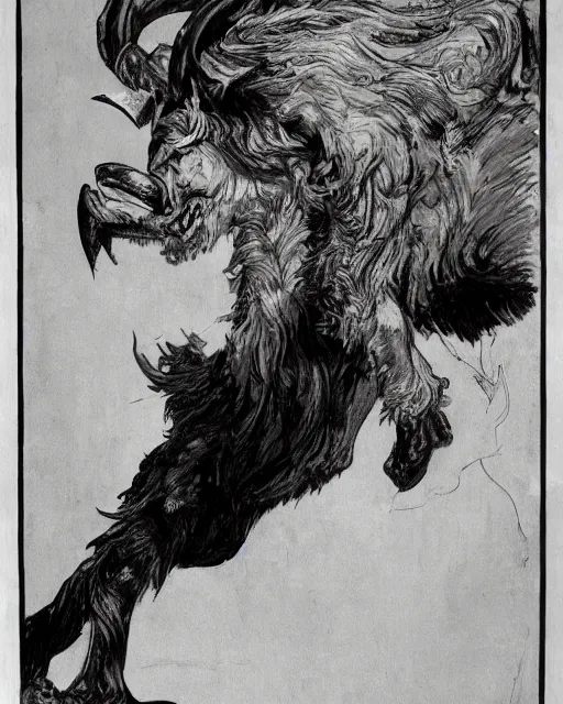 Image similar to a creature with the body and eyes of a man, with the beak of an eagle, the mane of a lion, and the horns of an ox. drawn by frank frazetta