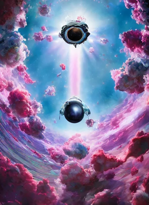 Image similar to An epic fantastic realism comic book style painting of the most beautiful flowers launched into space, bouquets, everything being pulled into a black hole, floral meteor, fisheye, unreal 5, DAZ, hyperrealistic, octane render, dynamic lighting