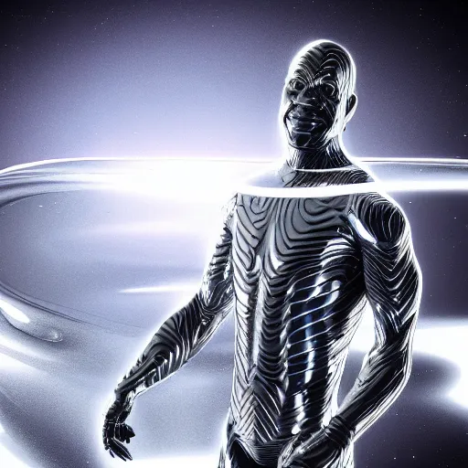 Image similar to Morgan Freeman as the Silver Surfer, octane render