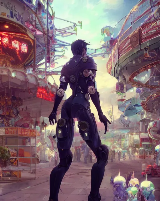 Prompt: a cyborg walking into a county fair. Anime. Soft lighting, 8K, octane render. By Makoto Shinkai, Stanley Artgerm Lau, WLOP, Rossdraws, James Jean, Andrei Riabovitchev, Marc Simonetti, krenz cushart, Sakimichan, D&D trending on ArtStation, digital art.