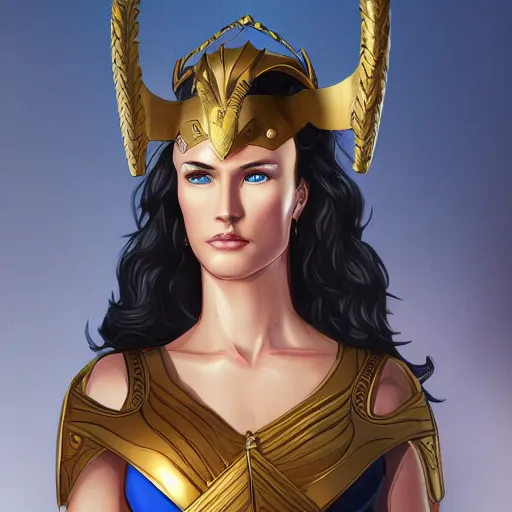 Image similar to portrait of hippolyta queen of the amazons, a tall beautiful dignified dark - haired woman with tanned skin and blue eyes, dressed in hellenistic greek armour, high detailed, detailed face, intricate, elegant, smooth, sharp focus, artstation, art by jordan nelsen,