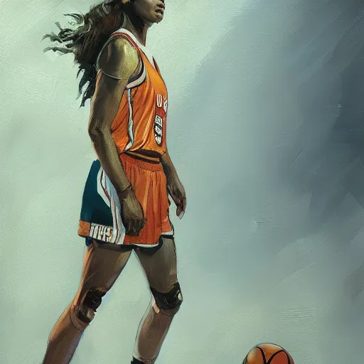 Image similar to painting of an woman basketball player, a van gogh style, greg rutkowski, jared chavez artstation