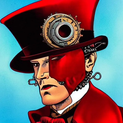 Image similar to portrait of a steampunk cyborg gentleman wearing a red top hat by Brian Bolland