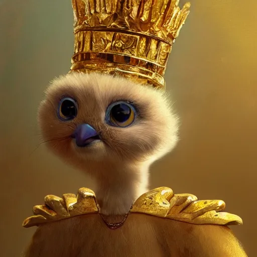 Prompt: a cute furry chick wears a golden metal crown on its head, by esao andrews, by m. w. kaluta, volumetric light, rich colors, very humorous oil painting, realistic reflections, smooth, concept art, depth perception, high depth of field, 4 k, unreal engine 5, ultradetailed, hyperrealistic, artstation