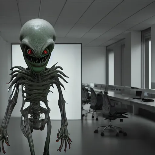 Image similar to evil and spooky alien inside an office, 3 d render, octane, ray tracing, ultra high resolution, photorealistic, ultra detailed, 8 k