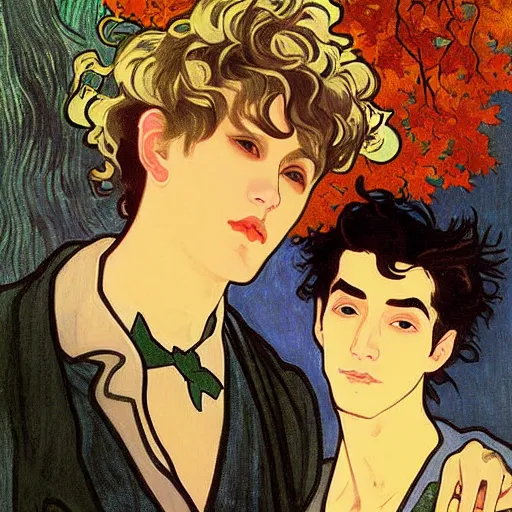 Image similar to painting of young cute handsome beautiful dark medium wavy hair man in his 2 0 s named shadow taehyung and cute handsome beautiful min - jun together at the halloween! party, bubbling cauldron!, candles!, smoke, autumn! colors, elegant, wearing suits!, delicate facial features, art by alphonse mucha, vincent van gogh, egon schiele