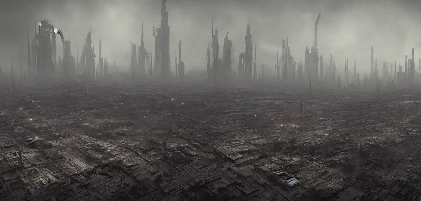 Image similar to city polluted industrial alien landscape, smoke, soot, cinematic, detailed, epic, widescreen, opening, establishing, mattepainting, photorealistic, realistic textures, octane render, hr giger and vincent di fate, vivid color scheme, featured in artstation, octane render, cinematic, elegant, intricate, 8 k