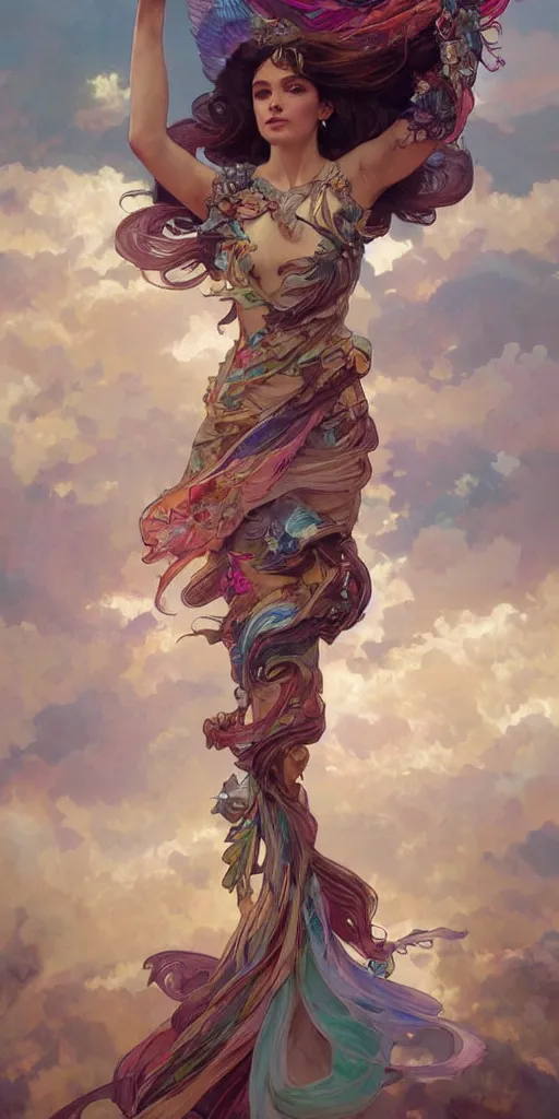 Image similar to portrait of freedom, ethereal, expressive pose, acrobatic, rainbow eyes, ornate frilly dress, fantasy, intricate, elegant, highly detailed, digital painting, artstation, concept art, smooth, sharp focus, illustration, art by artgerm and greg rutkowski and alphonse mucha