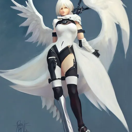 Prompt: greg manchess painting of a 2 yorha type a no. 2 as mercy from overwatch!!, white long hair, large white wings, painting, trending on artstation, by huang guangjian and gil elvgren and sachin teng