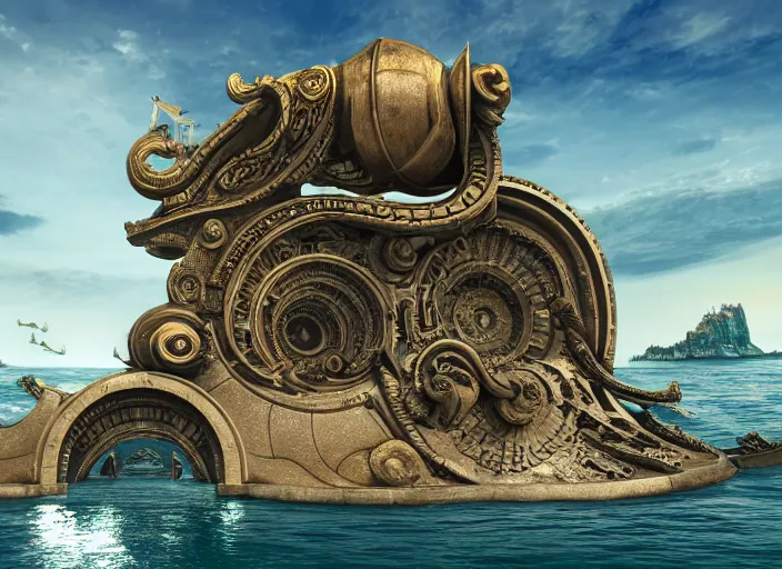 Image similar to highly detailed rendering of the nautilus entering atlantis, side view, portholes, fantastic city gate, ornate, jellyfish, cinematic, 8 k, hd,