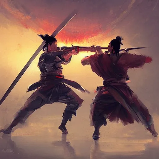 Image similar to samurai duel, paint by greg rutkowski