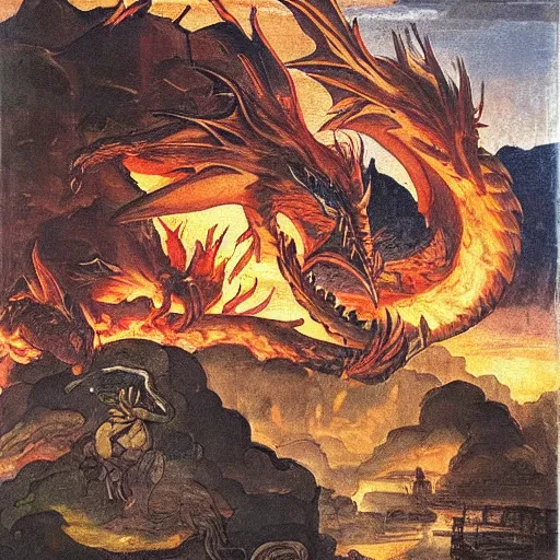 Prompt: Dragon spits fire on a man, burning village in background, plumes of smoke in background, at night, Michelangelo painting, highly-detailed