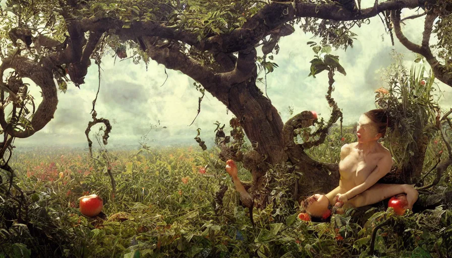 Image similar to original sin, Garden of Eden, Terrestrial Paradise, the Fall of Man, apple, the serpent, Adam, Eve, serov, surikov, vasnetsov, repin, kramskoi, paint texture, uplight, insanely detailed and intricate, Charlie Bowater, Tom Bagshaw, Norman Rockwell, high resolution, octane rendered, unreal engine, illustration, trending on artstation, masterpiece, 8k