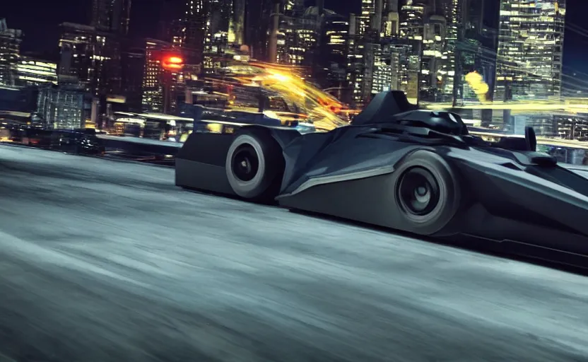 Prompt: A film still of the 2025 Batmobile prototype racing through Gotham at night, 8k