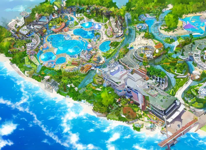 Prompt: down angled view of an anime resort, ocean, resort, beach, anime art, map