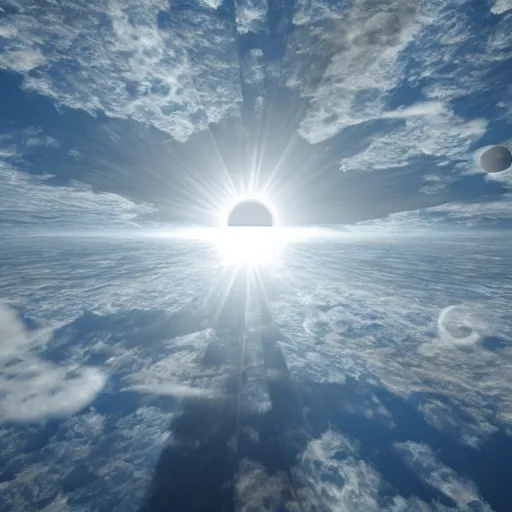 Image similar to hexagon sun shields floating above earth, unreal engine, digital art, solar eclipse, seen from earth