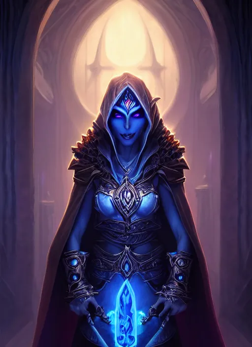 Image similar to portrait of sylvanas windrunner, catacombs, altar of the dead, souls of the dead, intricate, elegant, glowing blue lights, highly detailed, digital painting, artstation, concept art, smooth, sharp focus, illustration, art by wlop, mars ravelo and greg rutkowski