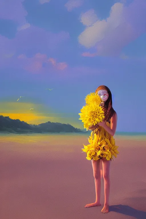 Image similar to closeup girl with huge yellow dahlia flower on face, on beach, surreal photography, blue sky, sunrise, dramatic light, impressionist painting, digital painting, artstation, simon stalenhag