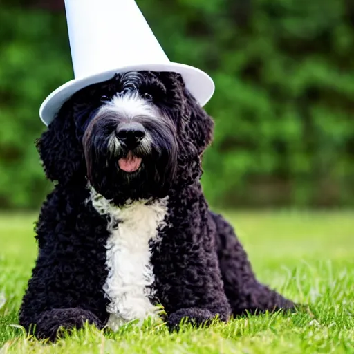 Image similar to black 8 year old bernadoodle with a white chest wearing a birthday hat