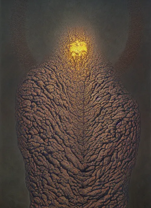 Image similar to dramatic portrait painting of human with black mandelbrot fractal instead of face, in style of zdzisław beksinski, dark, horror, body horror, scary,