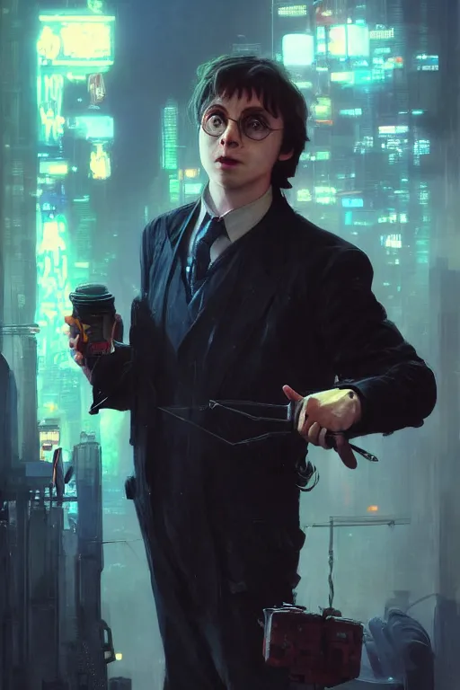 Image similar to portrait of Ron Wisly from harry potter in cyberpunk, neon lighting, night city, digital art from artstation by Ruan Jia and Mandy Jurgens and Artgerm and william-adolphe bouguereau and Greg Rutkowski and Wayne Barlowe