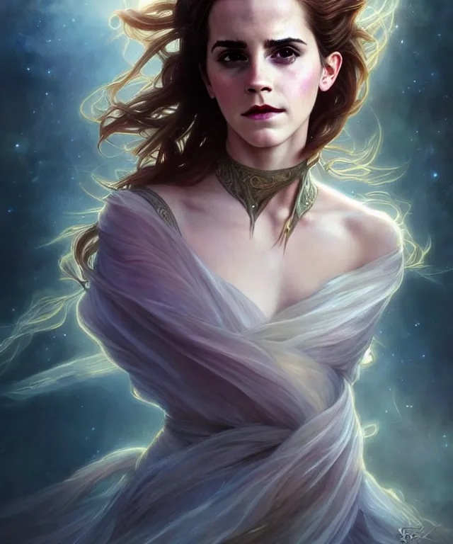 Image similar to Emma Watson as a fantasy magic woman portrait, sci-fi, amber eyes, face, long hair, fantasy, intricate, elegant, highly detailed, digital painting, artstation, concept art, smooth, sharp focus, illustration, art by artgerm and greg rutkowski and alphonse mucha