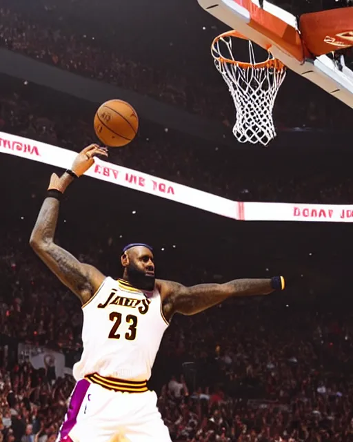 Image similar to LeBron James dunking a basketball at the NBA final, dramatic lighting, dramatic angle, painted by michaelangelo