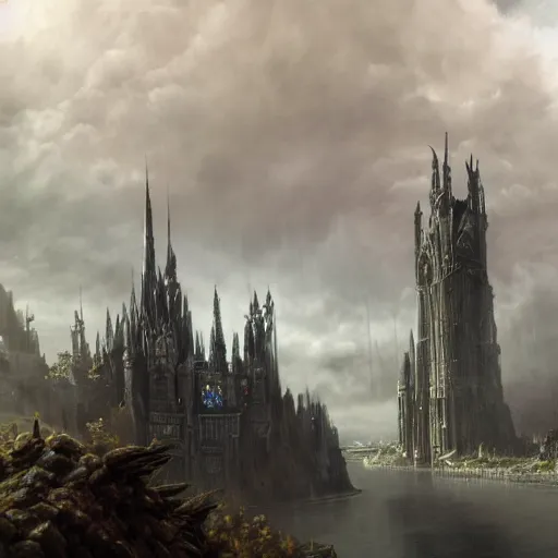 Prompt: an ultra detailed matte painting of a lonely and impossibly tall ominous gothic dark citadel tower of the evil patriarch, in the style of magic the gathering, in a river elevated high above the city, flintlock fantasy capital city, ultrawide lense, aerial photography, scary thunderstorm, exquisite detail, 8 k, art by greg rutkowski and alphonse mucha