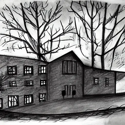 Prompt: drawing of a primary school up a hill, sadness, dark ambiance, concept by godfrey blow, featured on deviantart, sots art, lyco art, artwork, photoillustration, poster art