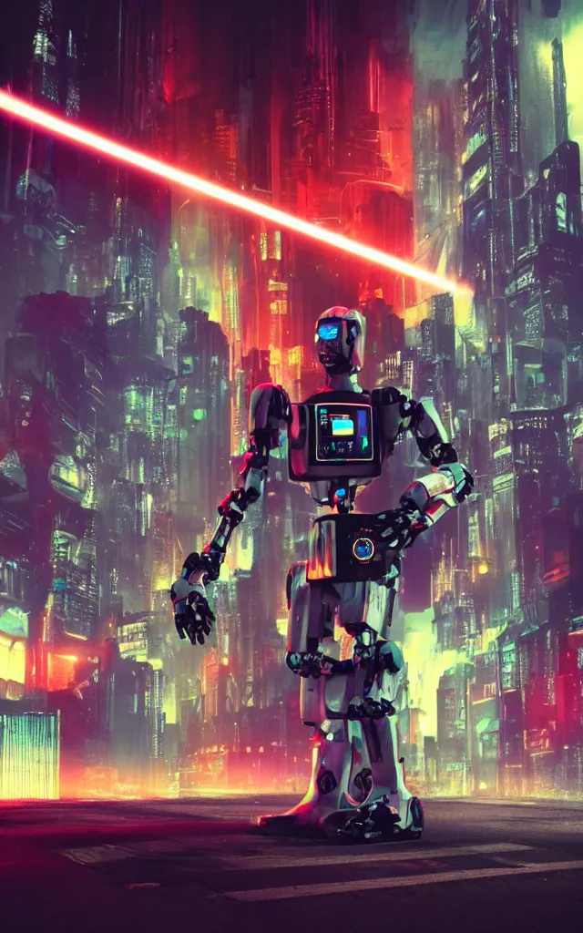 Image similar to Robotic Pope shooting bright lasers, 80s, science fiction, cyberpunk, neon, low angle shot, cross, pope, movie poster, futuristic, pontifex