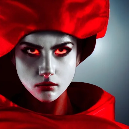 Image similar to headshot of an beautiful female soldier in glossy sleek white armor with tiny red details and a long red cape, downward angle, determined expression, on the surface of mars, night time, dramatic lighting, cinematic, sci-fi, hyperrealistic