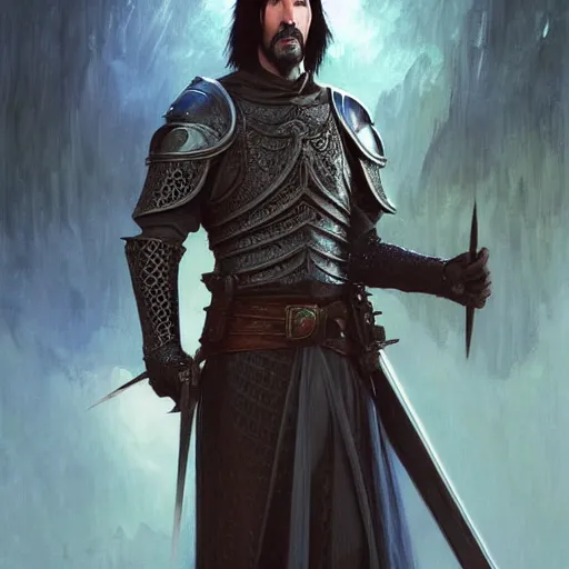 Prompt: Keanu Reeves dressed as a knight, D&D, fantasy, intricate, elegant, highly detailed, digital painting, artstation, concept art, matte, sharp focus, illustration, art by Artgerm and Greg Rutkowski and Alphonse Mucha